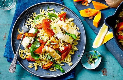 Image of "Spiced squash and orzo with crispy feta"