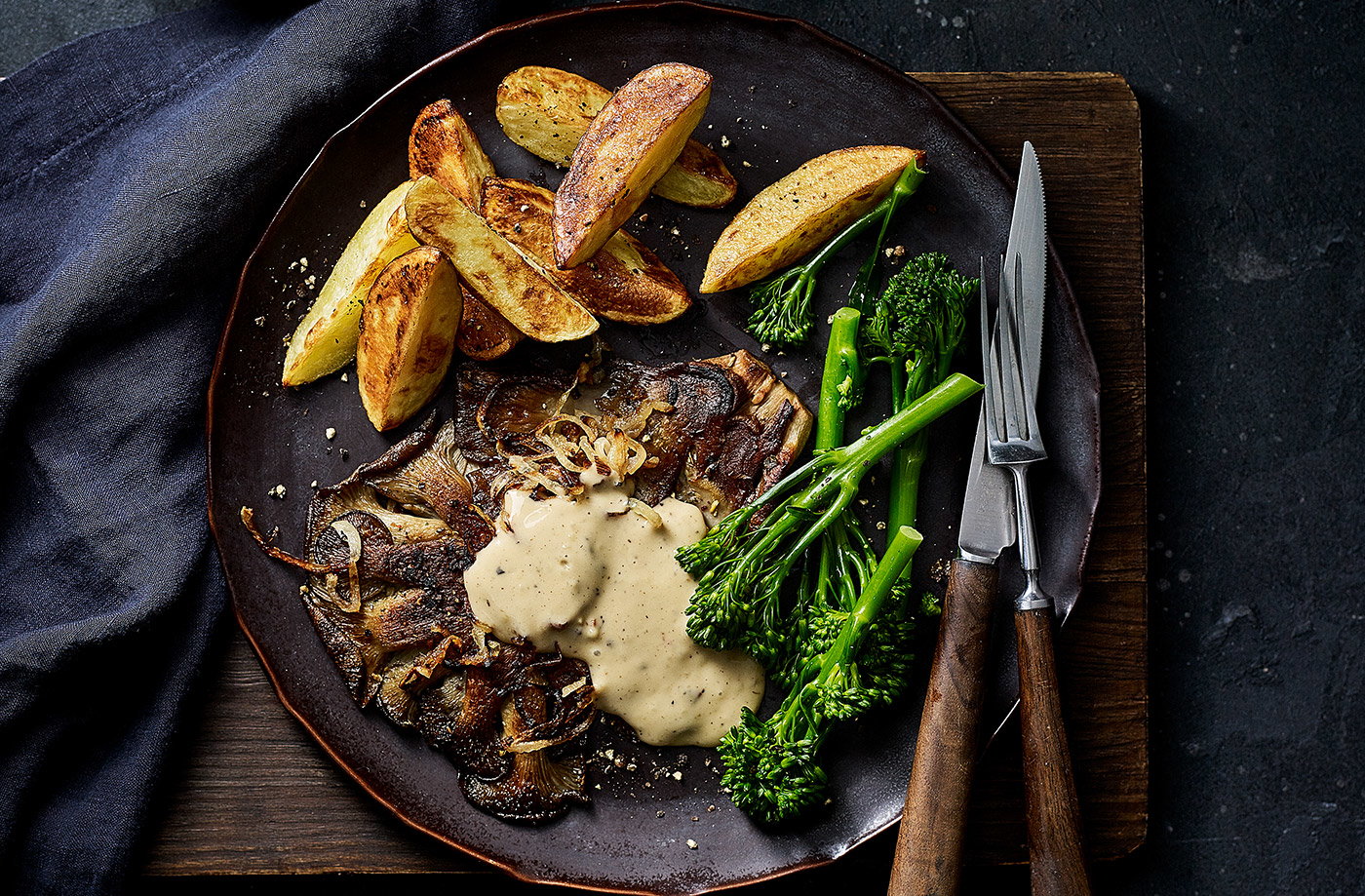Vegan 'steak' and chips with peppercorn sauce