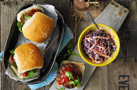 Image of "Burgers with horseradish slaw and watercress"