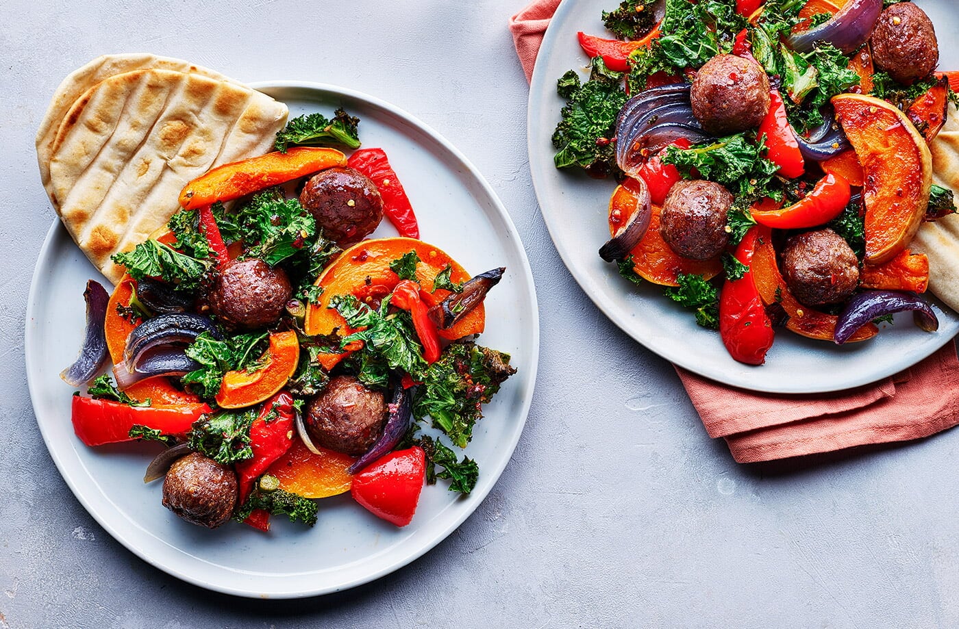 Hot honey squash and meatball traybake