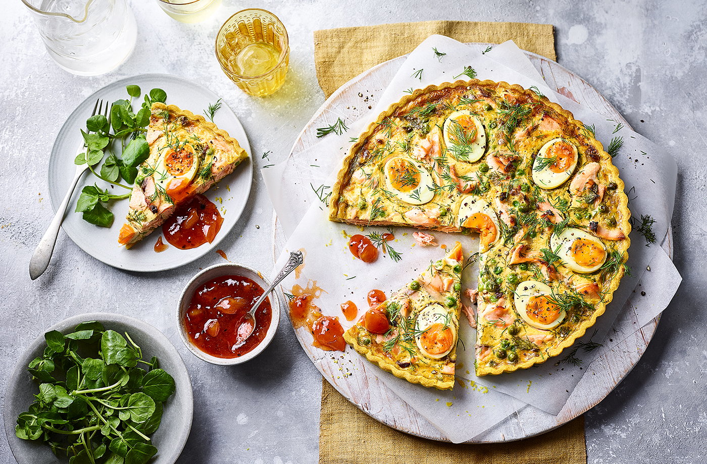 Kedgeree-style salmon tart