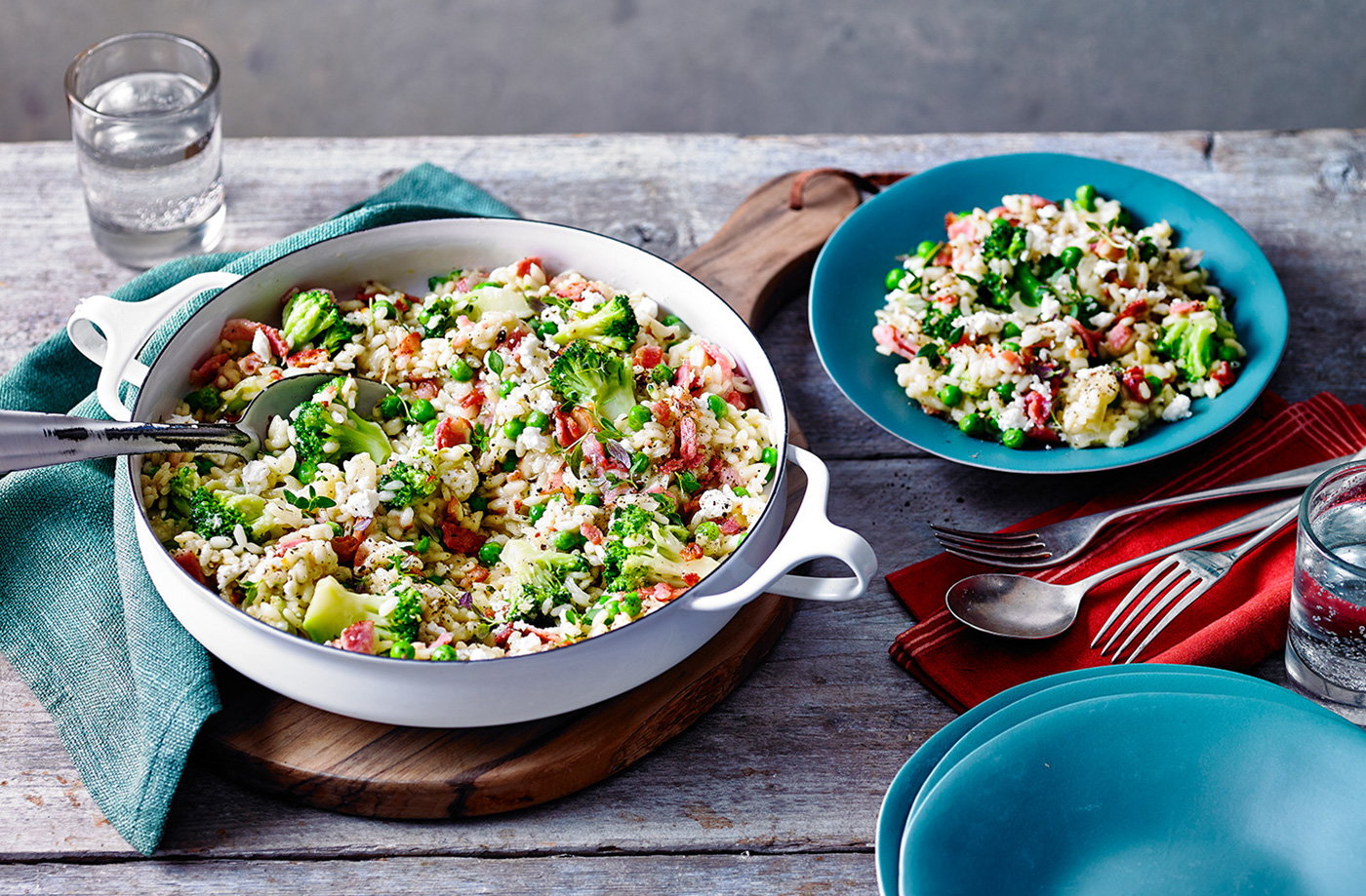 Broccoli, bacon and pea risotto