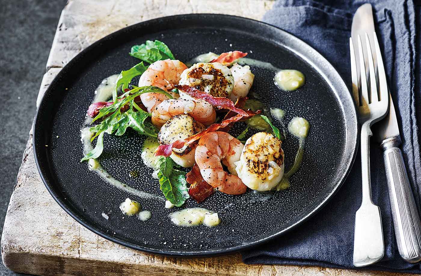 Scallops, prawns and pancetta with beurre blanc