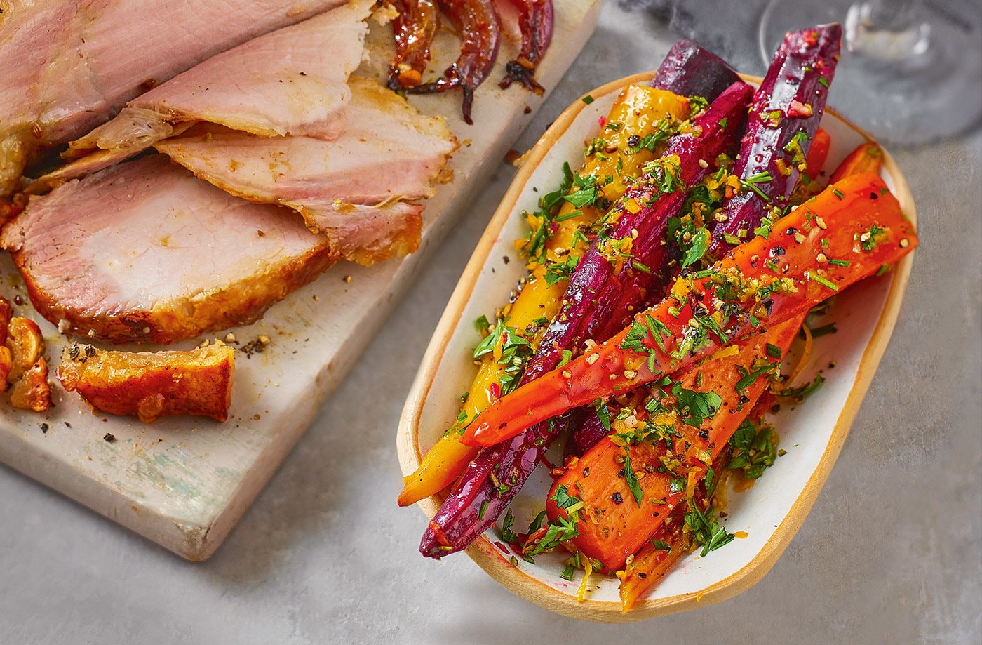 Glazed rainbow carrots with rosemary gremolata
