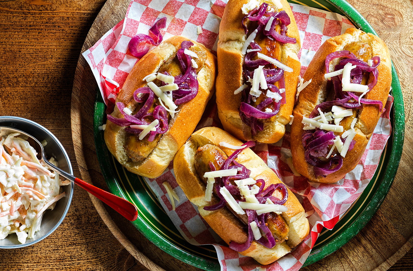 Caramelised onion hot dogs
