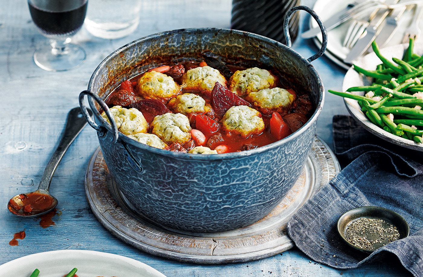 Beef, beetroot and butter bean stew with Stilton dumplings