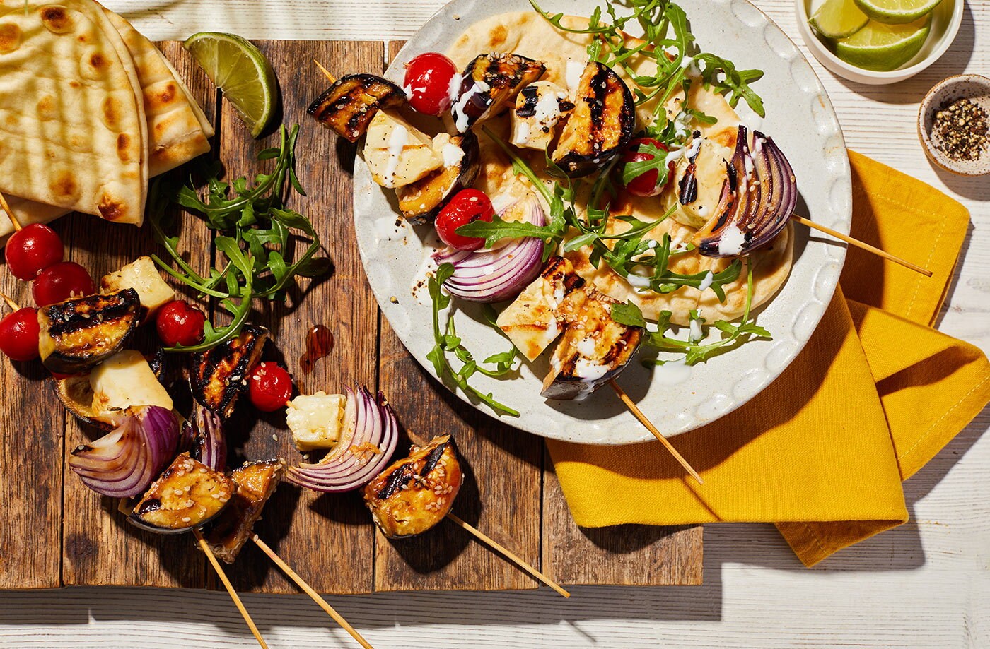 Miso aubergine and halloumi kebabs