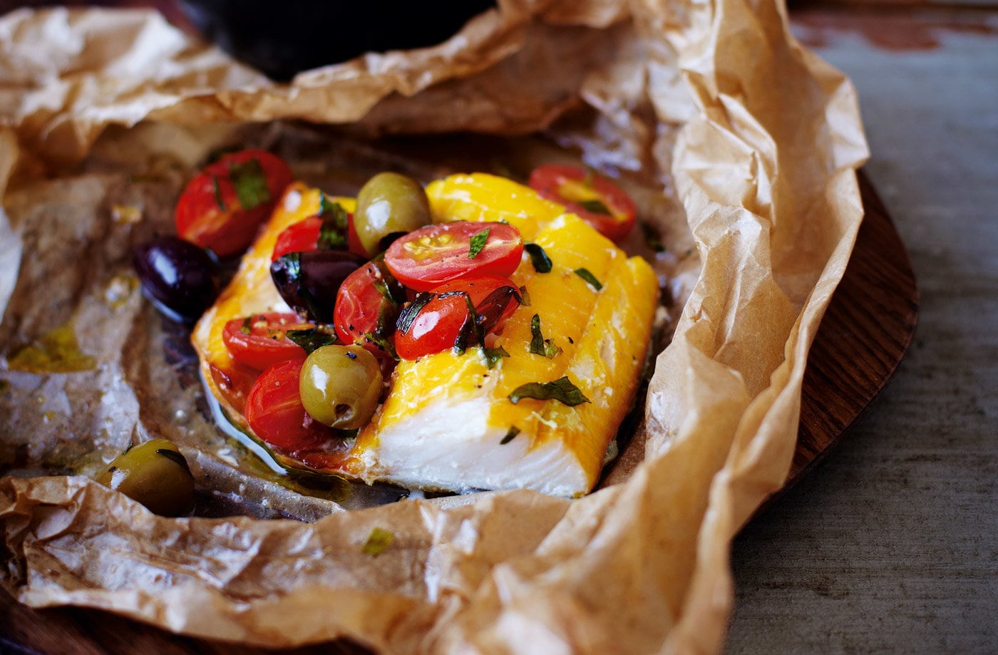 Tesco Finest smoked haddock parcels with cherry tomatoes and olives