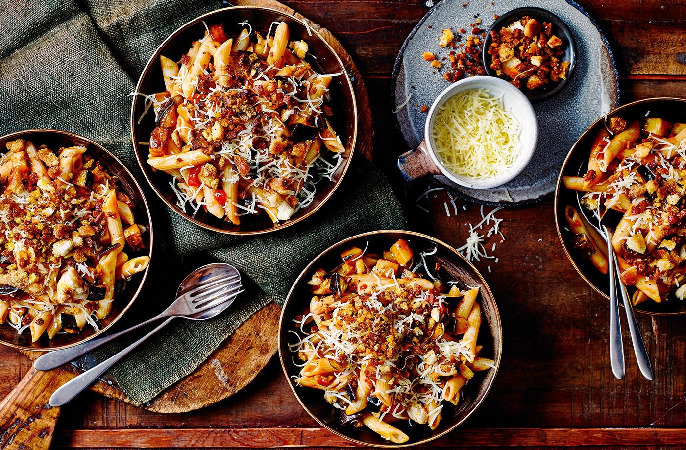 Tomato and aubergine pasta with chorizo breadcrumbs