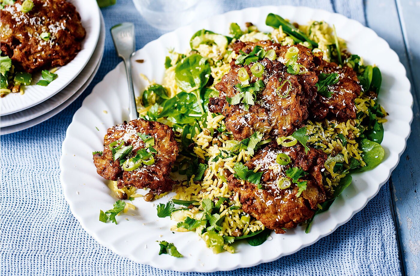 Indian rice salad with onion bhajis