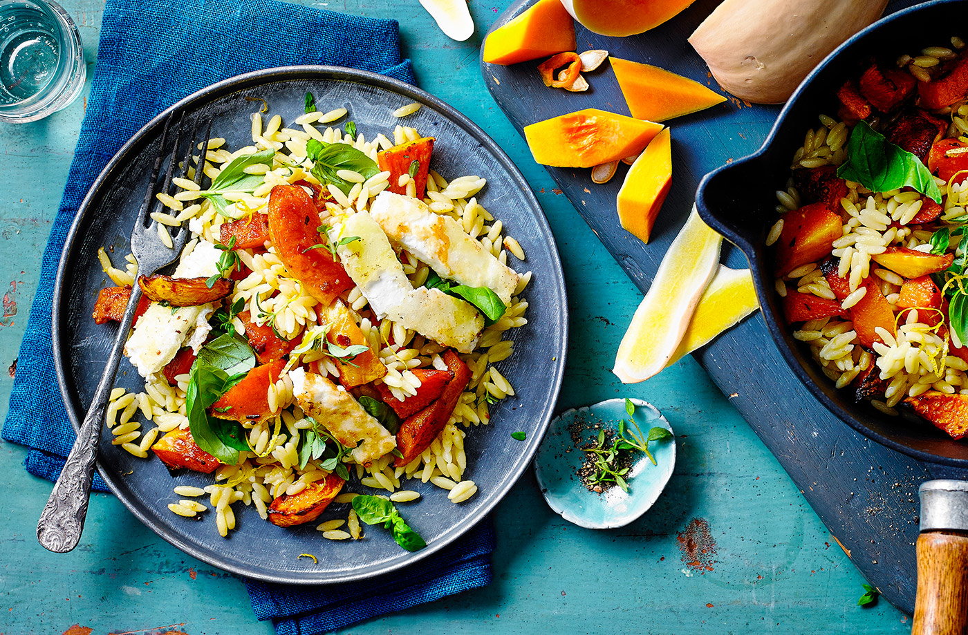 Spiced squash and orzo with crispy feta