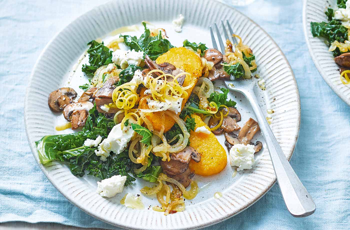 Griddled polenta with lemon kale and mushrooms