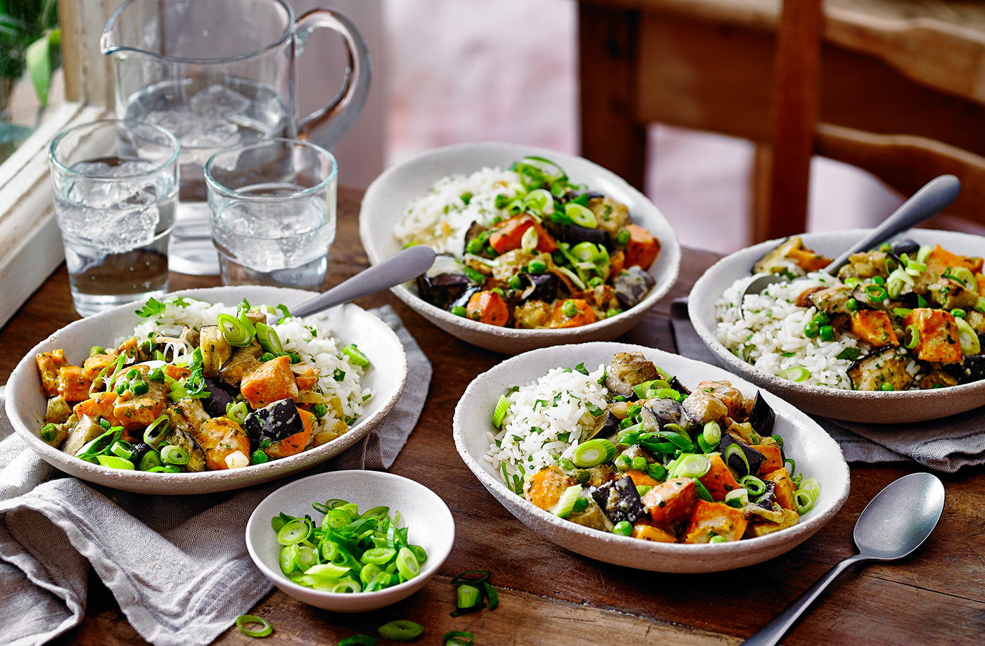Tray-roasted sweet potato and aubergine curry