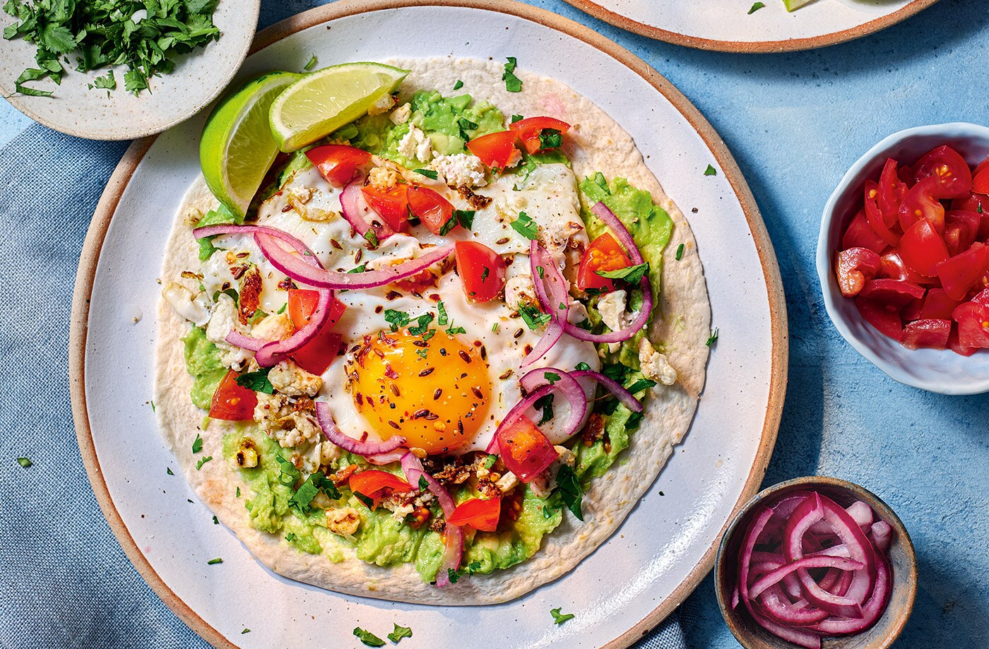 Smashed feta eggs breakfast tacos