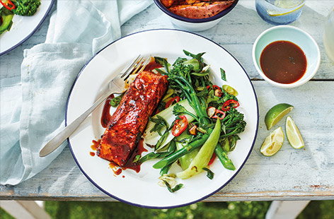 Image of "Rum-glazed salmon with wedges and chilli greens "