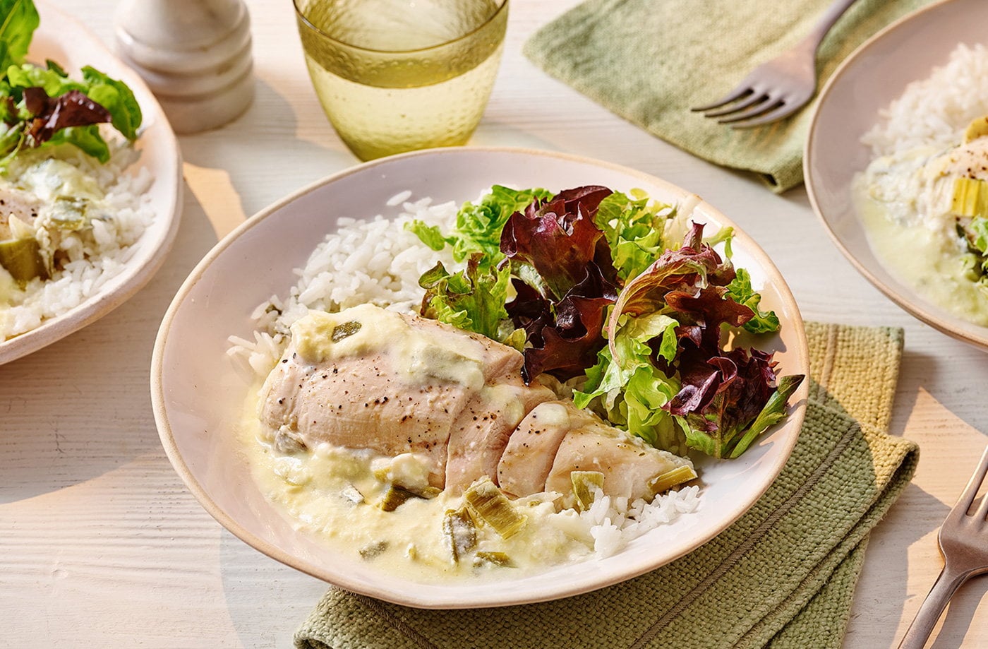 Herby soft cheese baked chicken with leeks