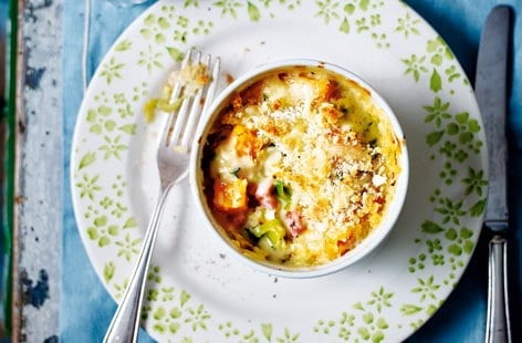 Image of "Creamy squash, leek and pancetta pots"