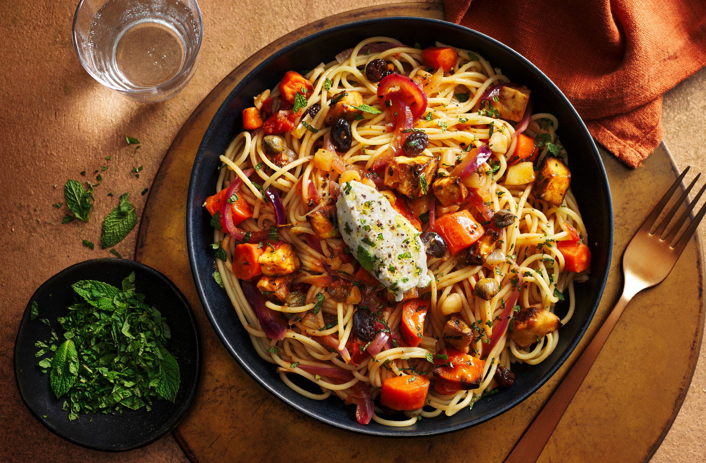 Carrot caponata spaghetti