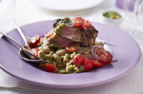 Lamb leg steaks with fresh pesto sauce 