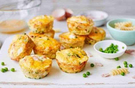 Image of "Oven-baked pea, ham and pasta frittatas"