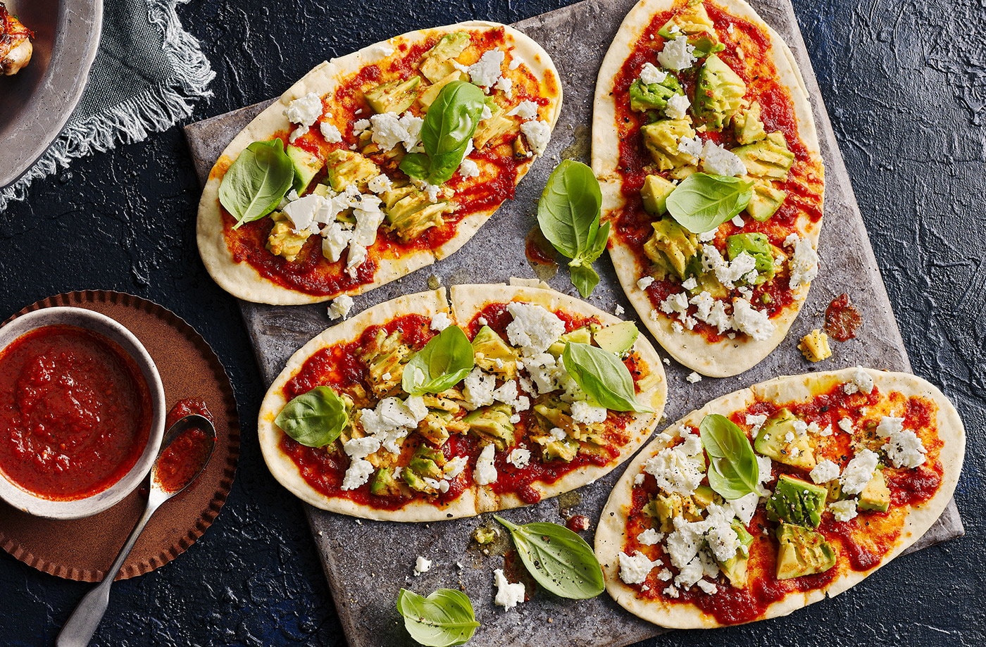 Harissa, avocado and feta flatbreads