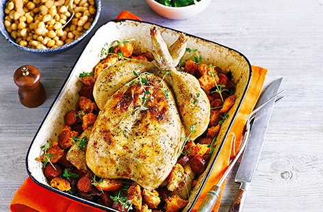 Image of "Lemon and thyme roast chicken with chorizo and ciabatta croutons"