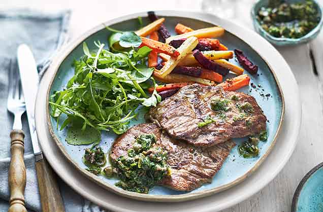 Image of "Steak with rainbow chips and salsa verde"