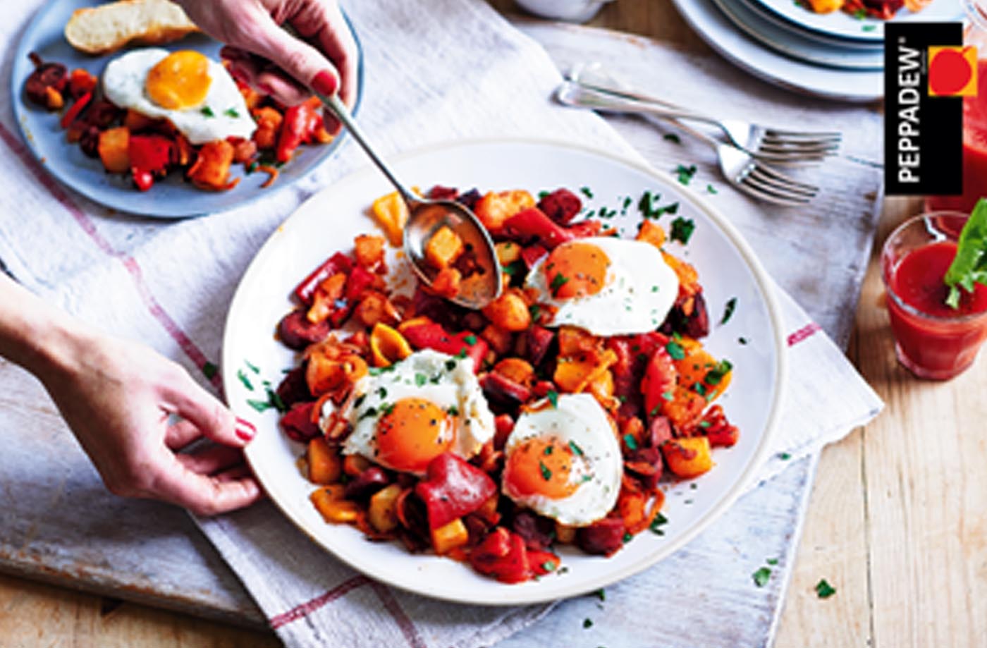 Sunshine eggs with chorizo and potato hash