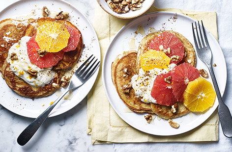 Image of "Yogurt and honey pancakes with citrus fruit"