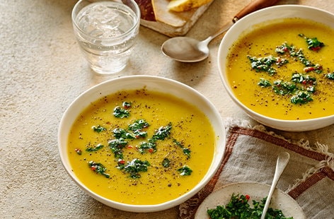 Spiced swede and carrot soup with chimichurri