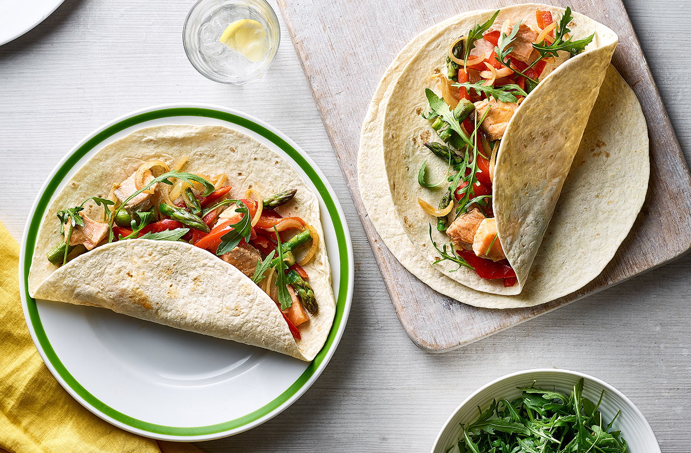 Salmon and asparagus fajitas