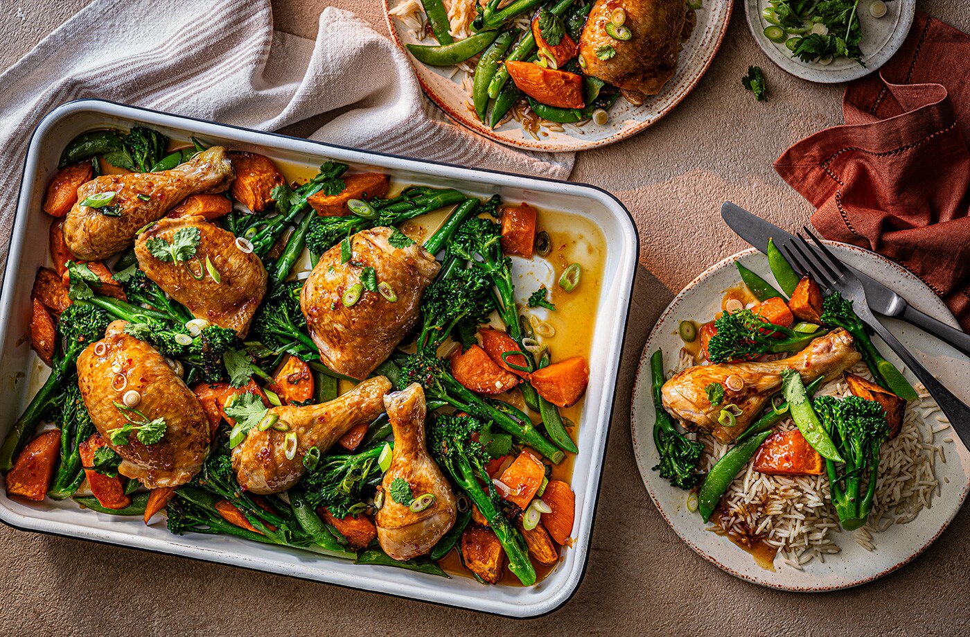Sticky orange chicken traybake