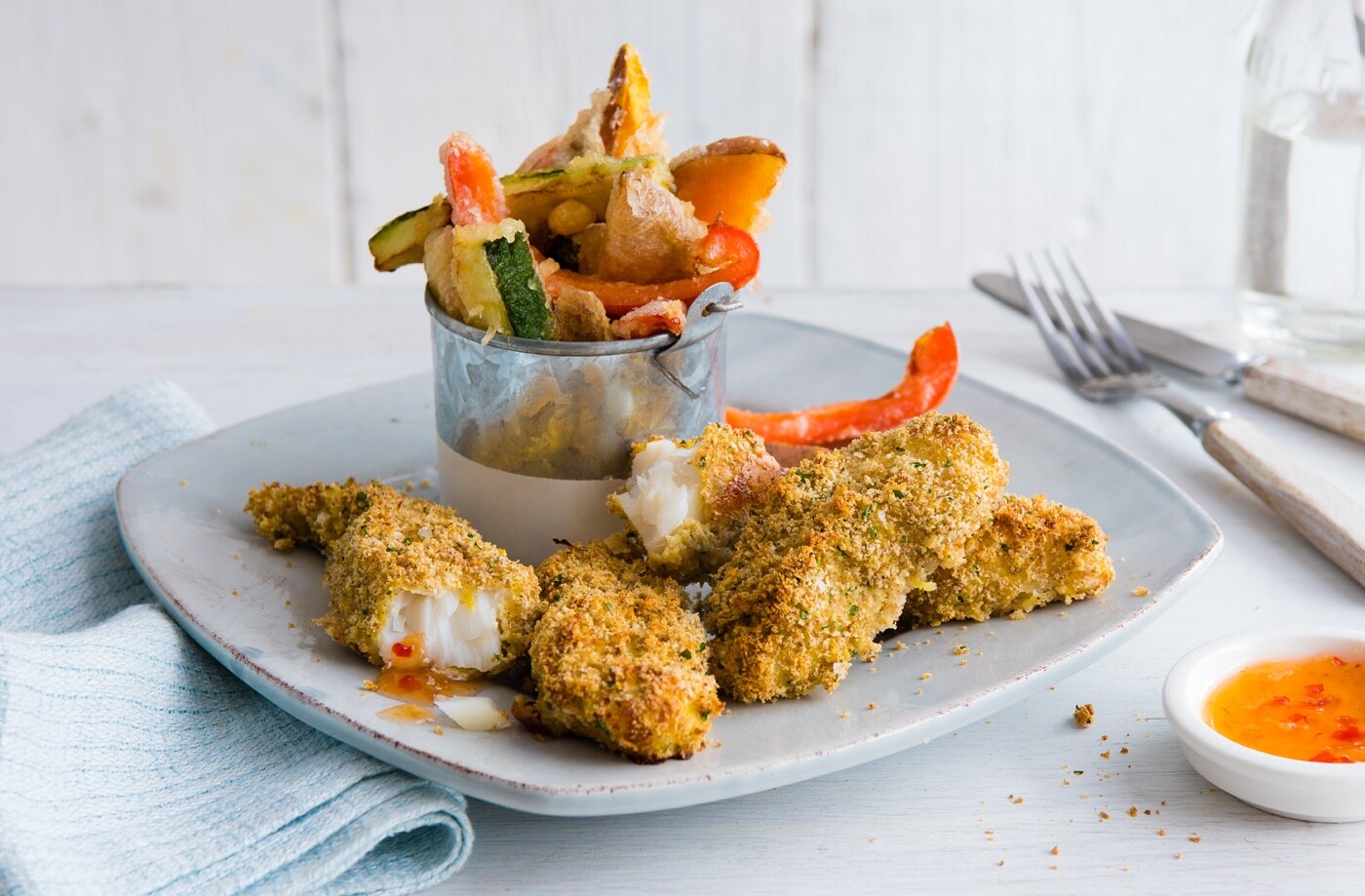 Cod goujons with tempura chips
