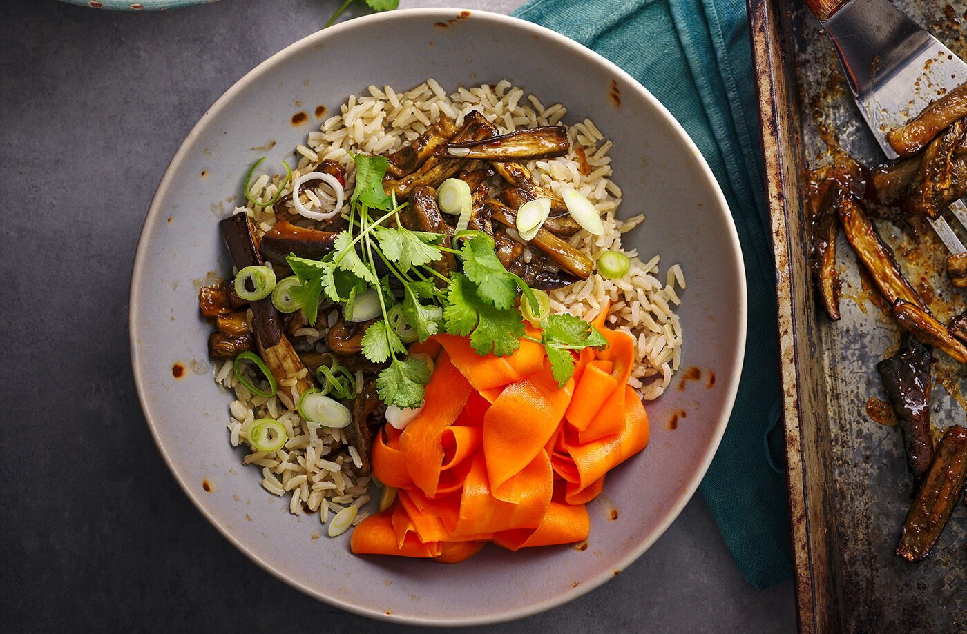 Sticky aubergine rice bowls