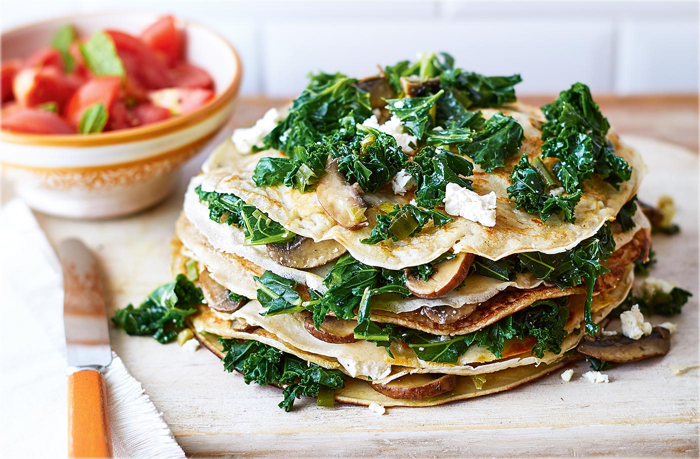 Kale and feta pancake stack