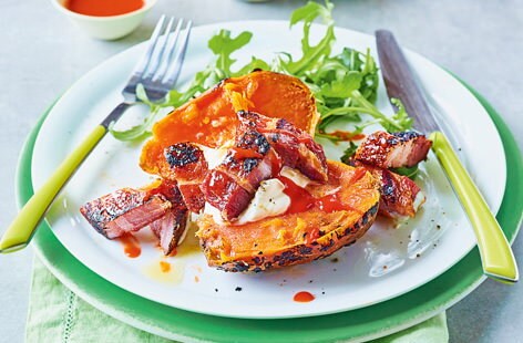 Image of "Ember-roasted sweet potatoes with maple pork belly"