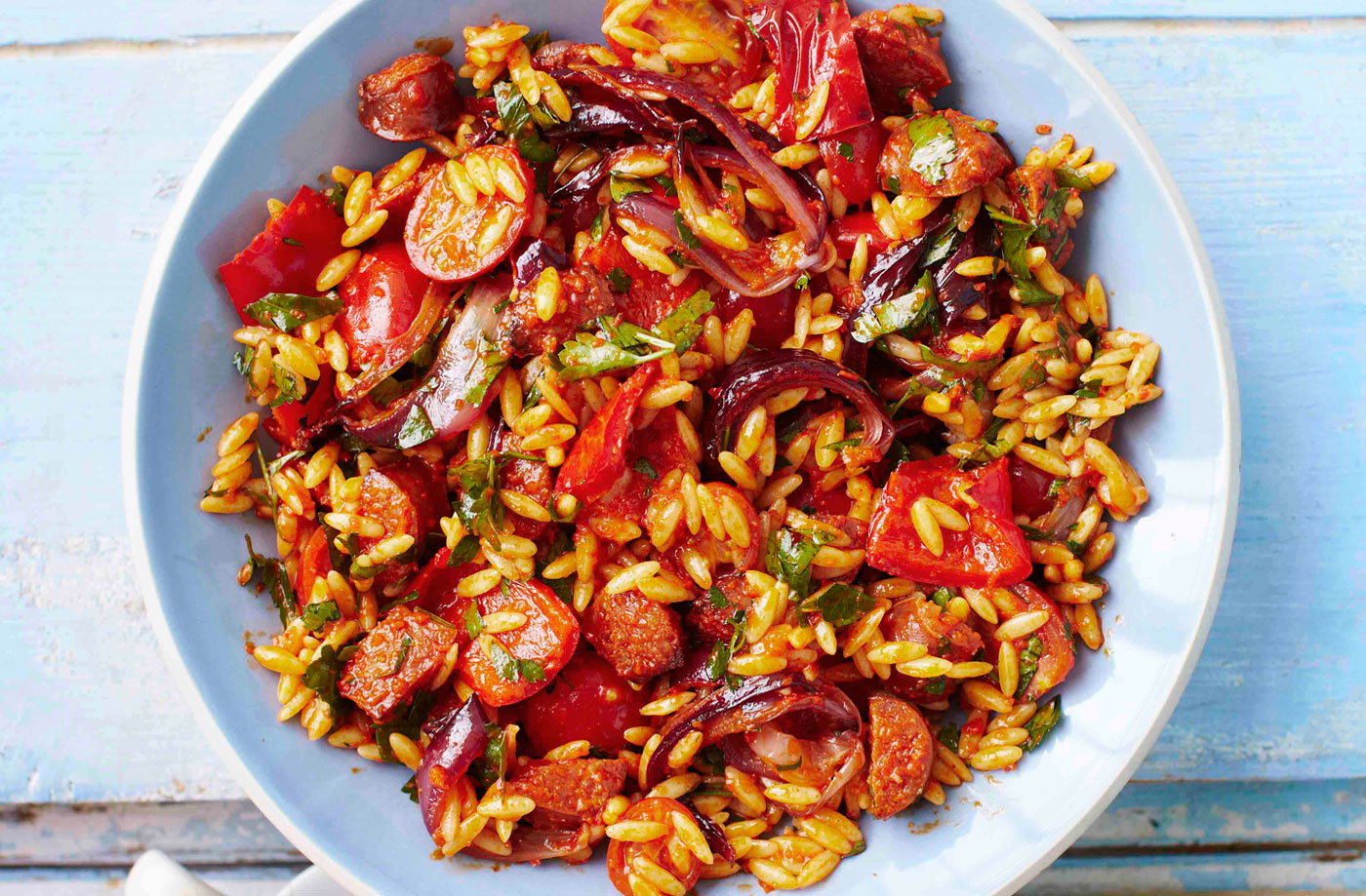 Roasted pepper and chorizo orzo salad