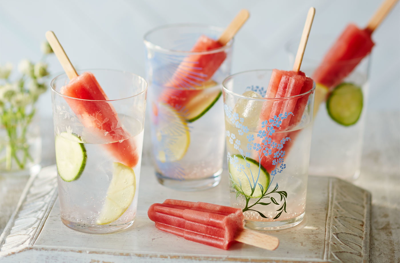 Watermelon and cucumber cocktail dipper lollies