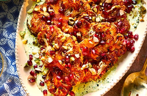 Image of "Nargisse Benkabbou's harissa-roasted cauliflower on turmeric yogurt"