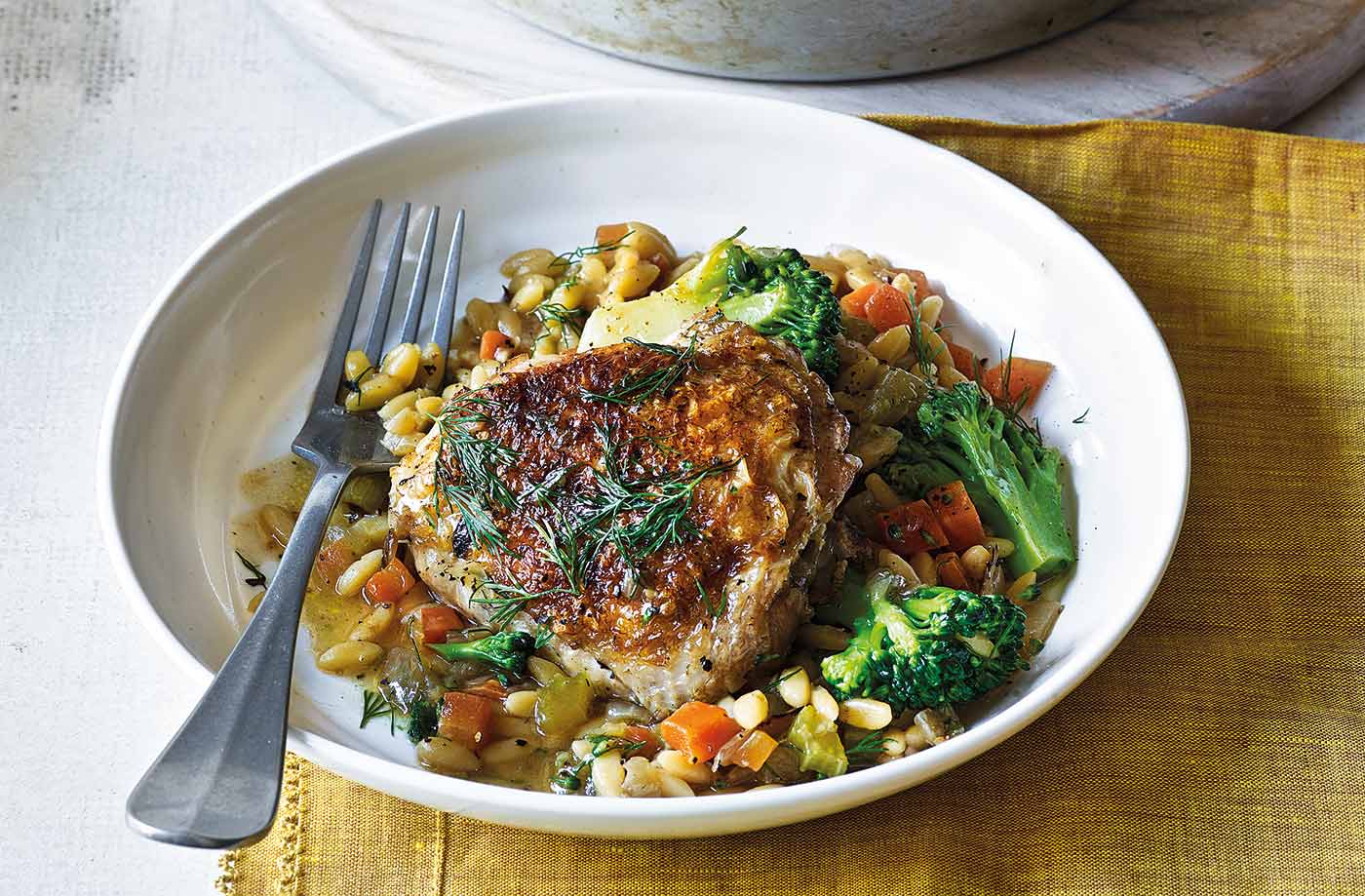 One-pot chicken and orzo bake