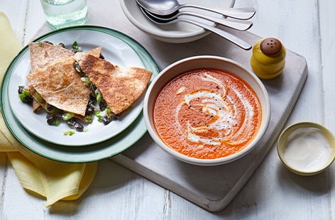 Image of "Spiced tomato soup with bean quesadillas"