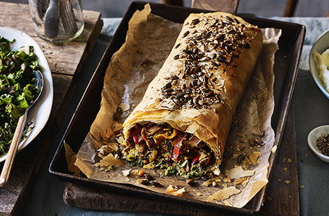 Image of "Mushroom, pepper and pesto strudel"