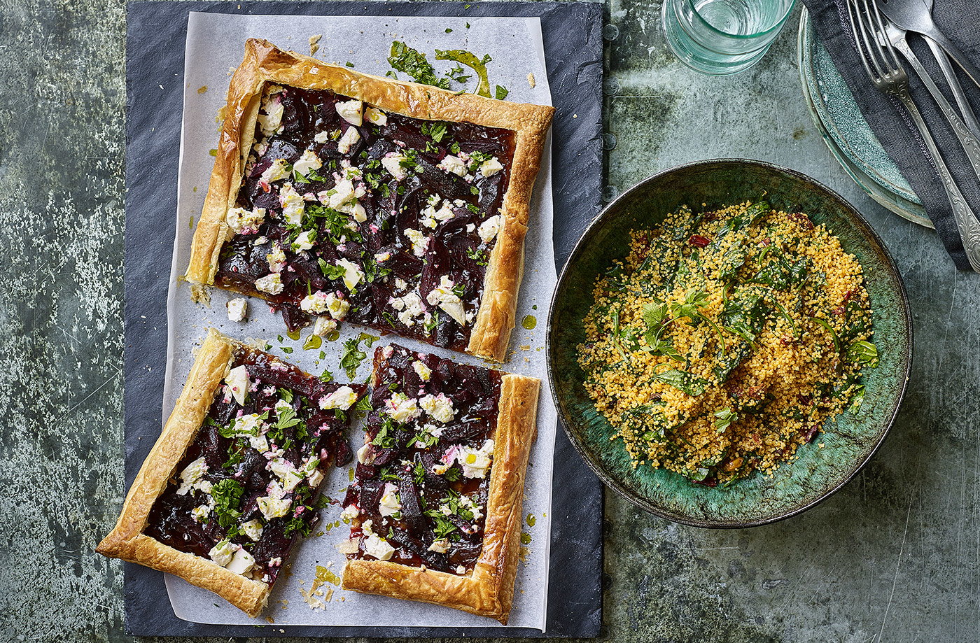 Red onion, beetroot and cheese tart