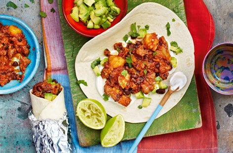 Image of "Beef and chorizo burritos with avocado salsa"
