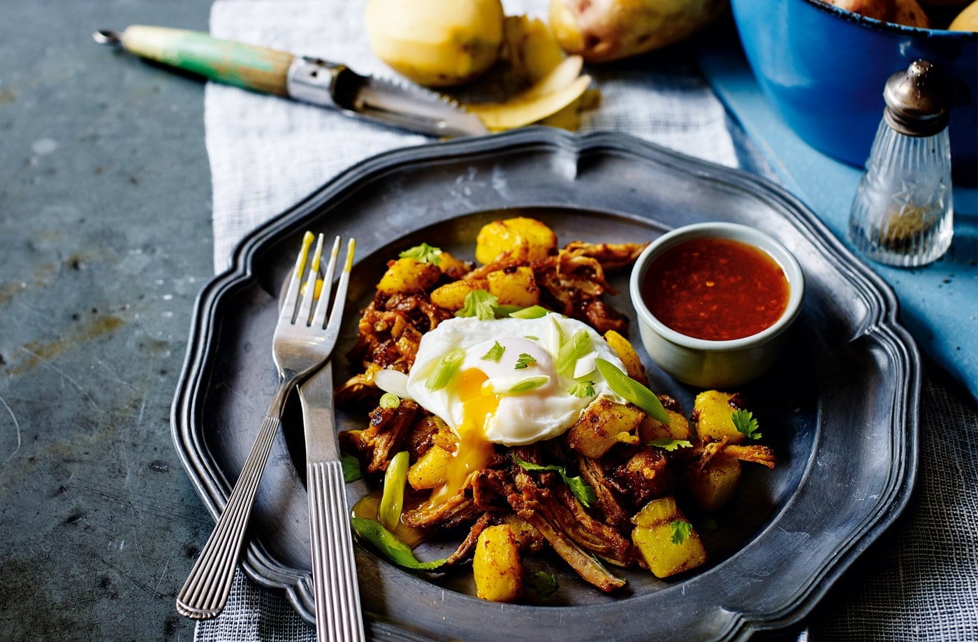 Potato hash with pulled pork and poached eggs