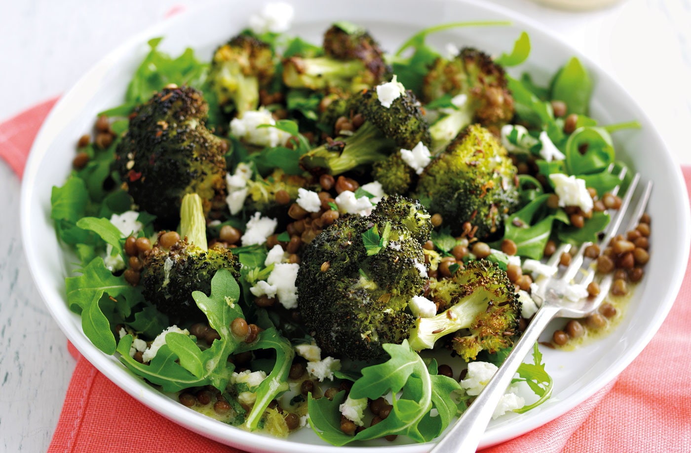 Roasted broccoli salad with feta and lentils