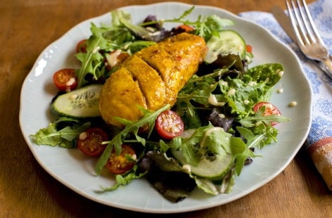 Image of "Spicy glazed chicken with a curry salad dressing"