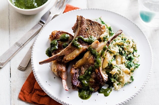 Lamb cutlets with butter bean mash and almond pesto