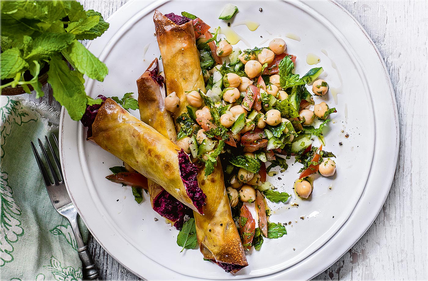 Goat's cheese and beetroot filo parcels with chickpea tabbouleh