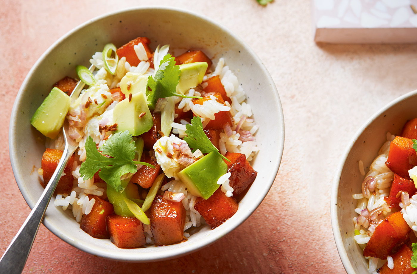 Squash and avocado rice bowl